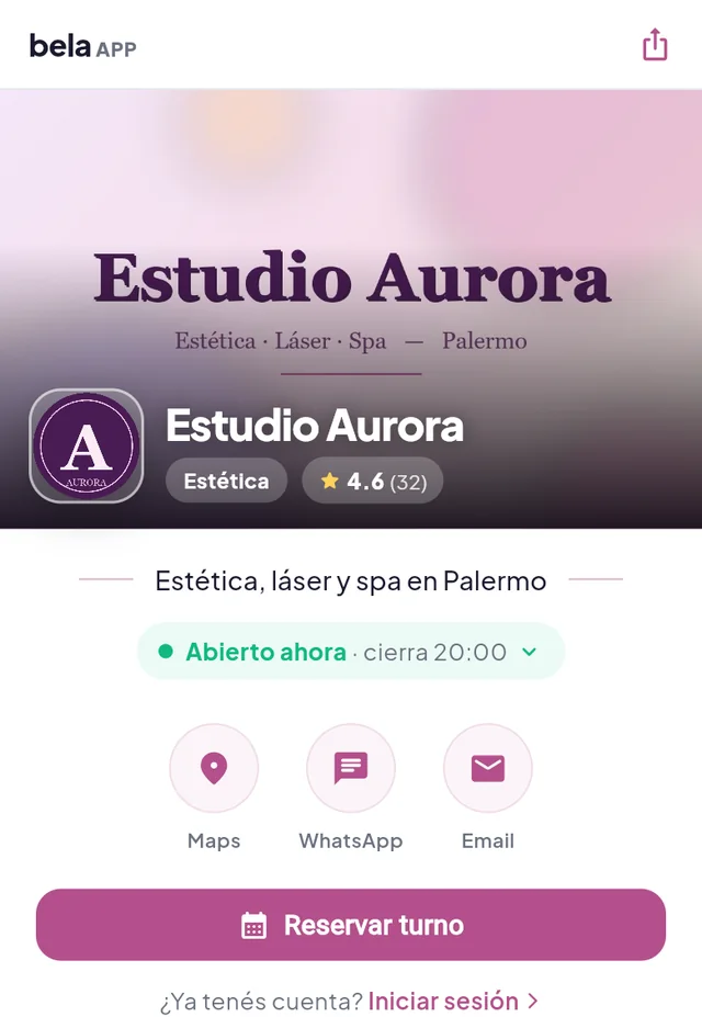 La página de reservas de un negocio en el celular: portada, calificación, horario, contacto y el botón Reservar turno